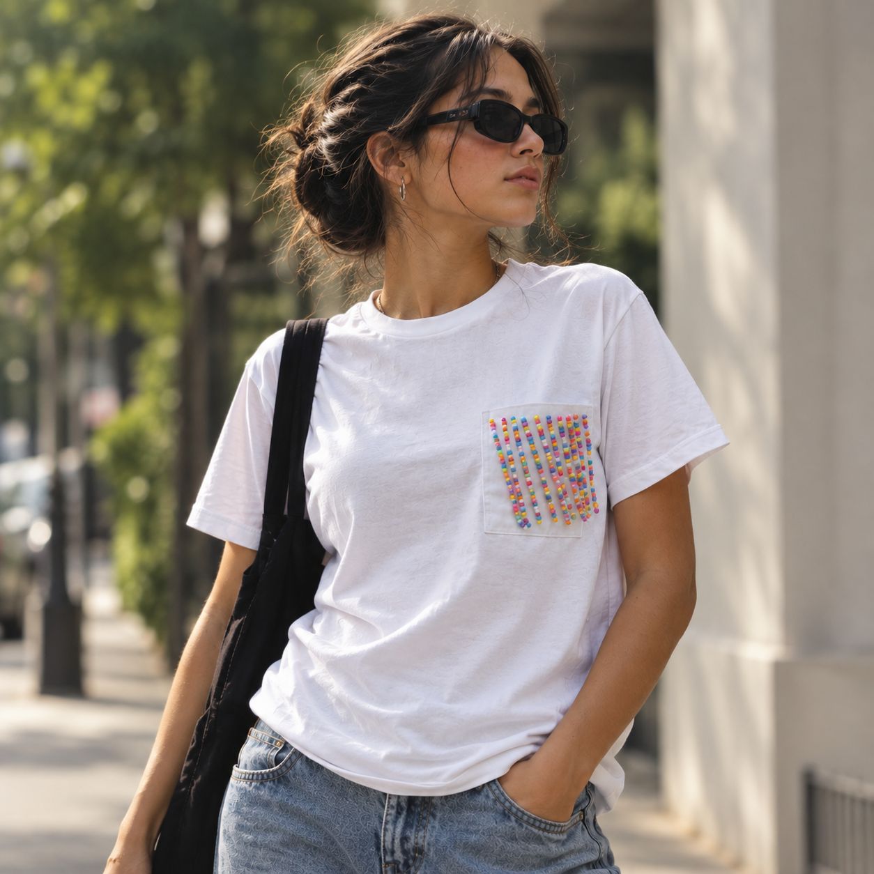A folded cream pocket t-shirt on a neutral paper background